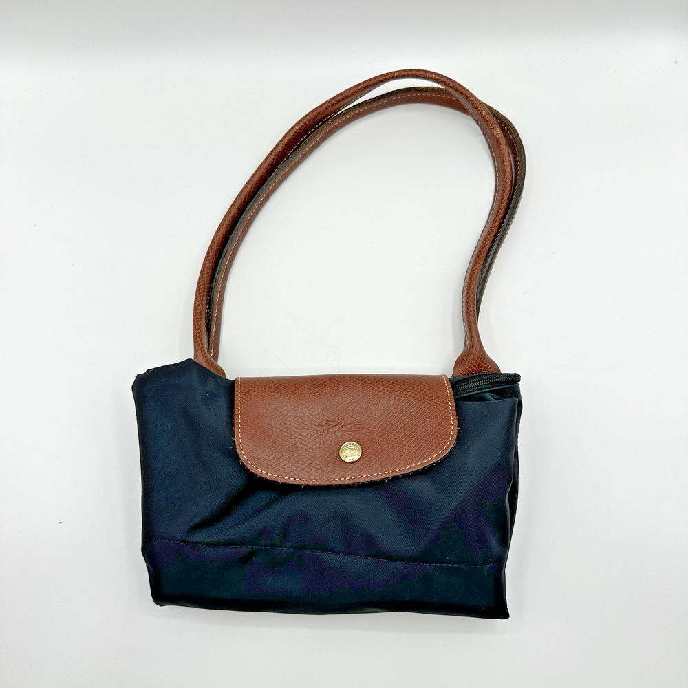 Longchamp Le Pliage Black Nylon Tote Brown Leather Medium